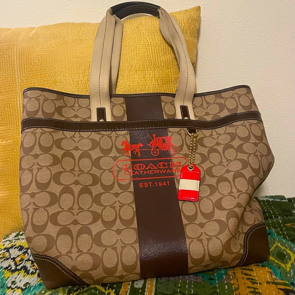 Coach Canvas Tote with Red Orange Logo